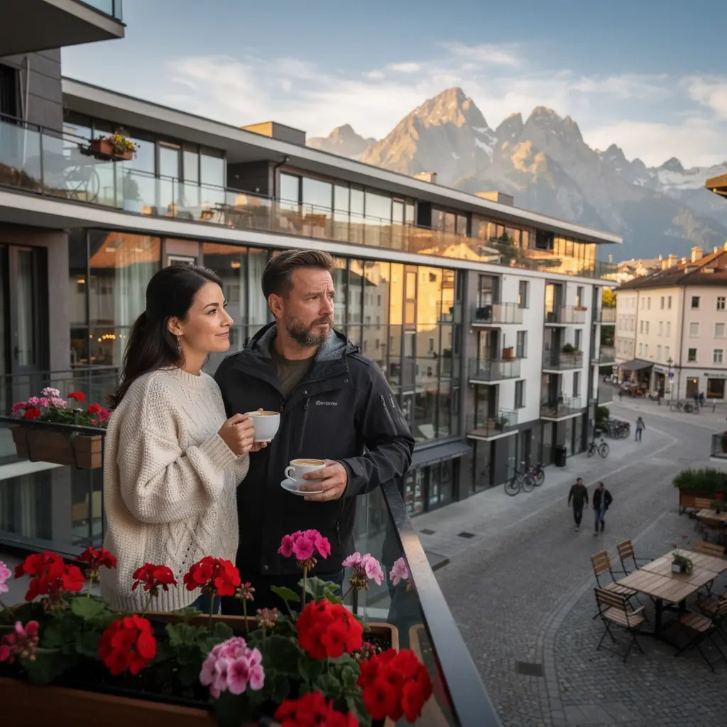 Blick auf die atemberaubenden Alpen von einer modernen Wohnung aus.