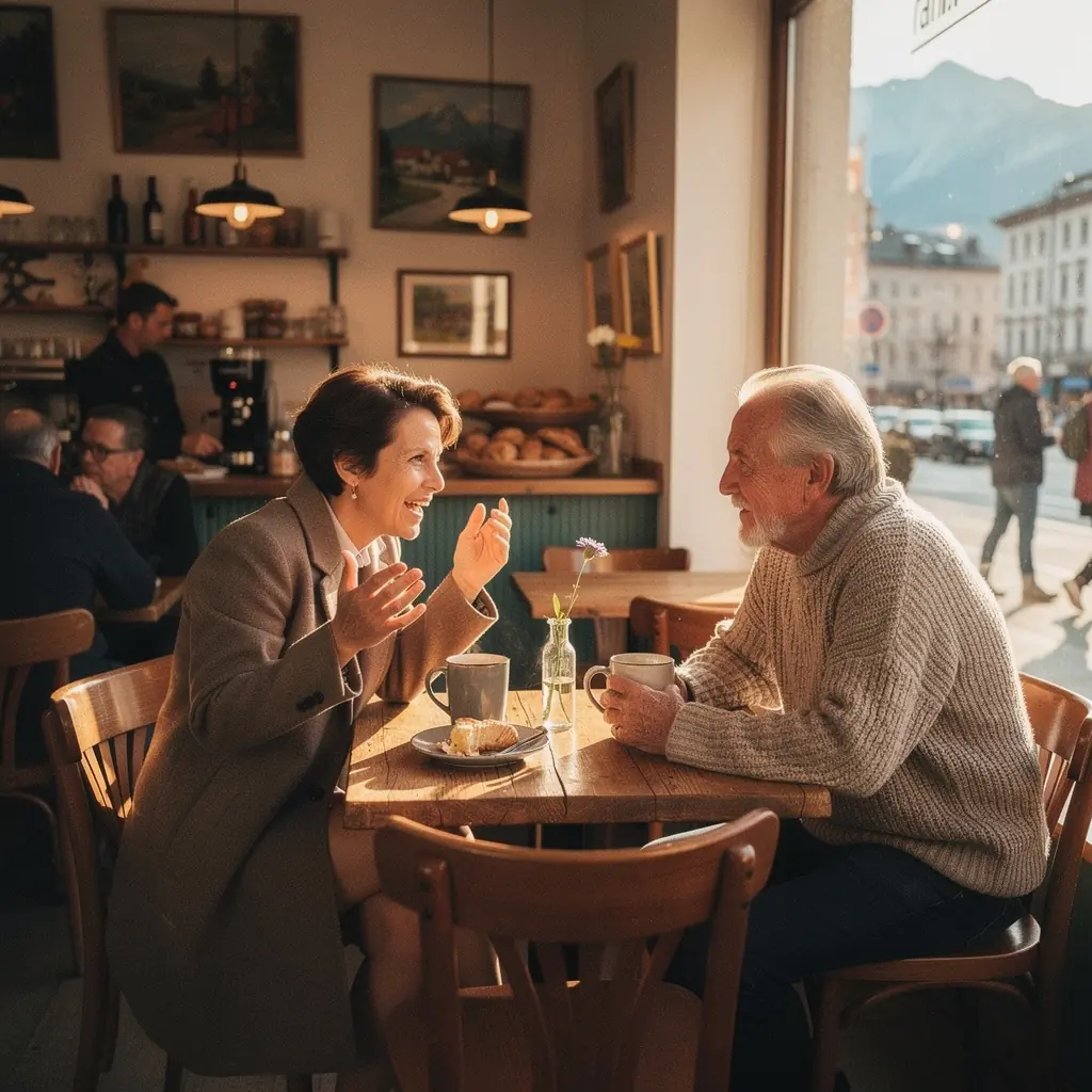 Essbereich mit eleganter Einrichtung und Blick auf die malerische Stadt Innsbruck.